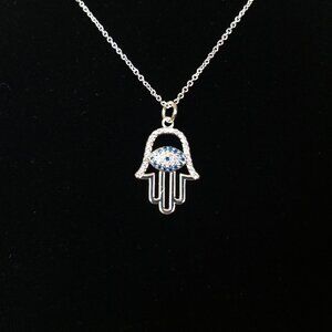 Hamsa Evil Eye Hand Pendant Silver Tone Necklace Marked LACN Third Eye Fatima